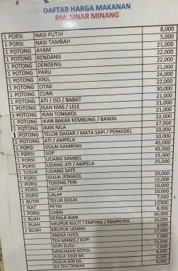 Daftar Harga Menu RM Sinar Minang