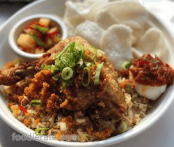 Classic Indonesian Fried Rice Fried Chicken, Soft Boiled Balado Egg, Acar Union