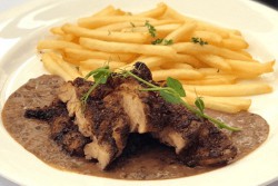 Chicken Steak  With Peppercorn & Porcini Mushroom Sauce, French Fries