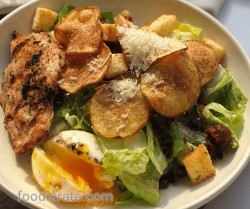 Romaine Salad Parmesan Chicken, Truffled Soft Boiled Egg Potatoes Chips & Bacon