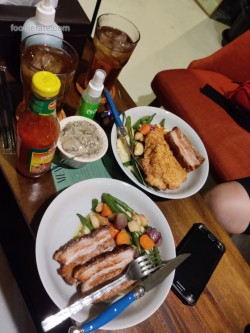 Crispy pork belly with mashed potato and fried chicken fillet with mashes potato